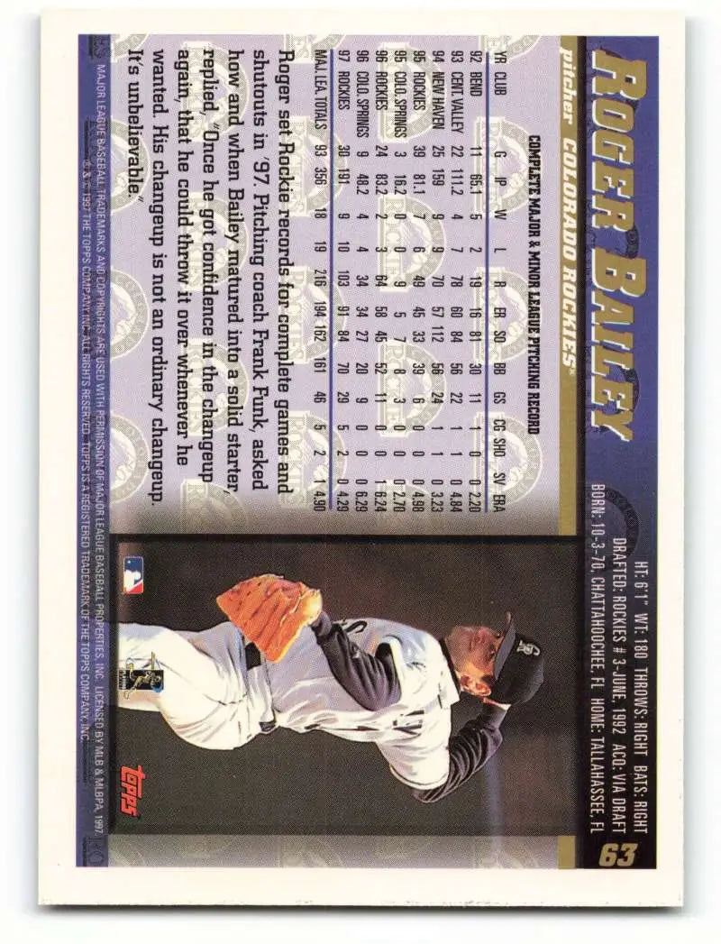 1998 Topps #63 Roger Bailey NM-MT Colorado Rockies Baseball Card - Baseball Card Single