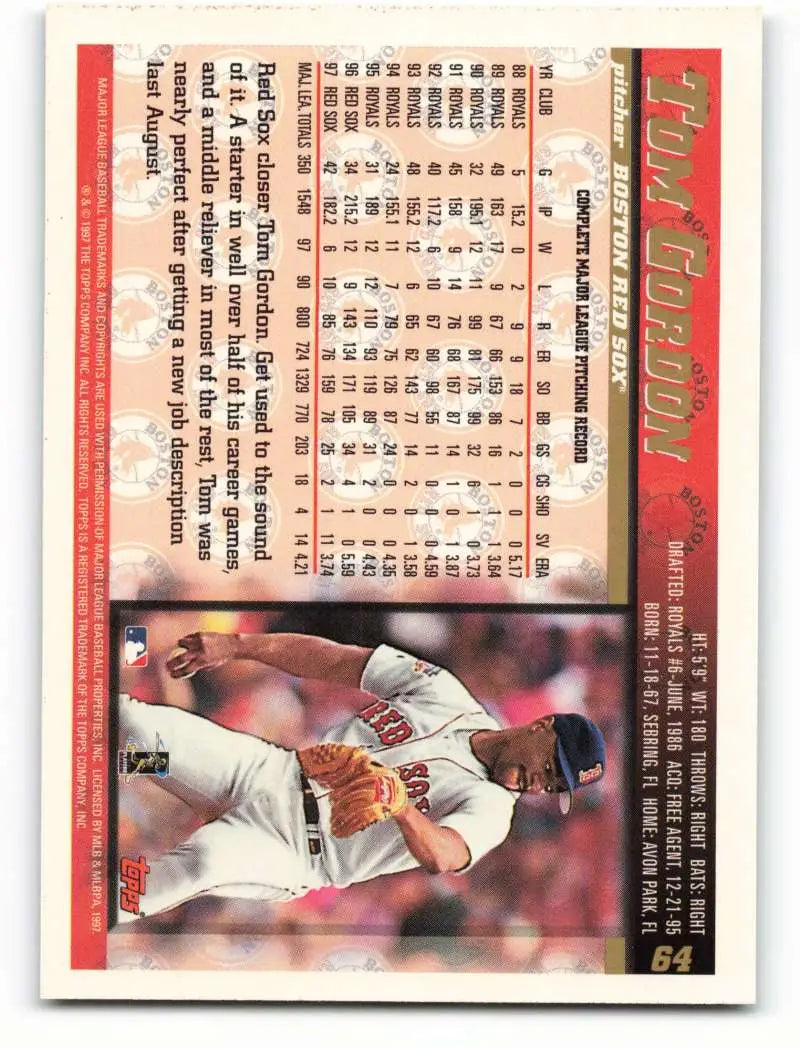 1998 Topps #64 Tom Gordon NM-MT Boston Red Sox Baseball Card - Baseball Card Single