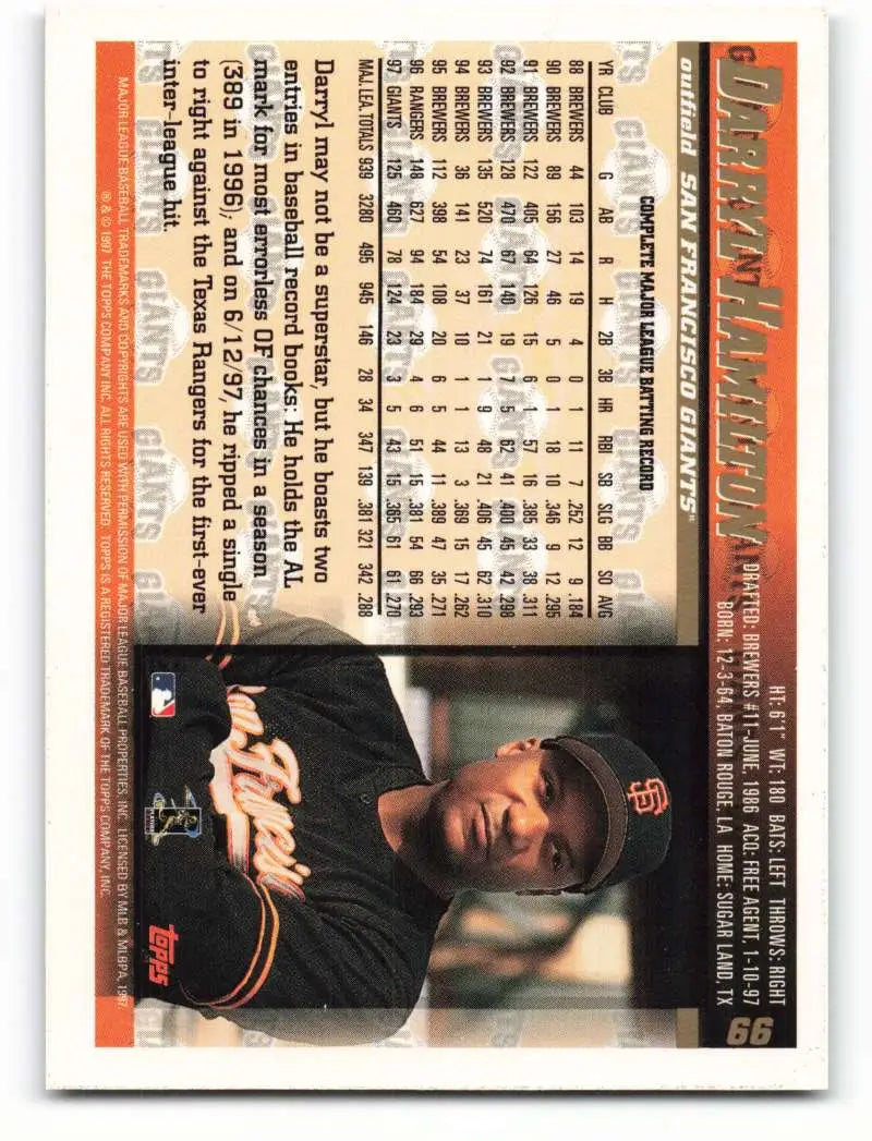 1998 Topps #66 Darryl Hamilton NM-MT San Francisco Giants Baseball Card - Baseball Card Single