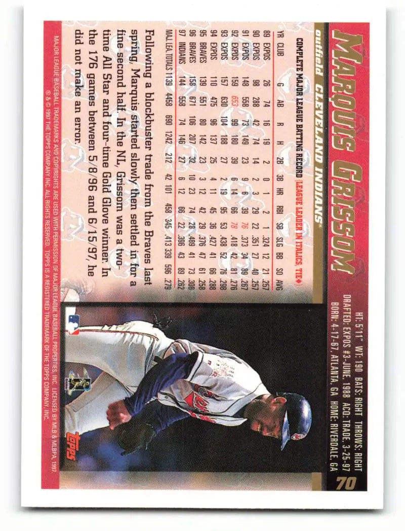 1998 Topps #70 Marquis Grissom NM-MT Cleveland Indians Baseball Card - Baseball Card Single
