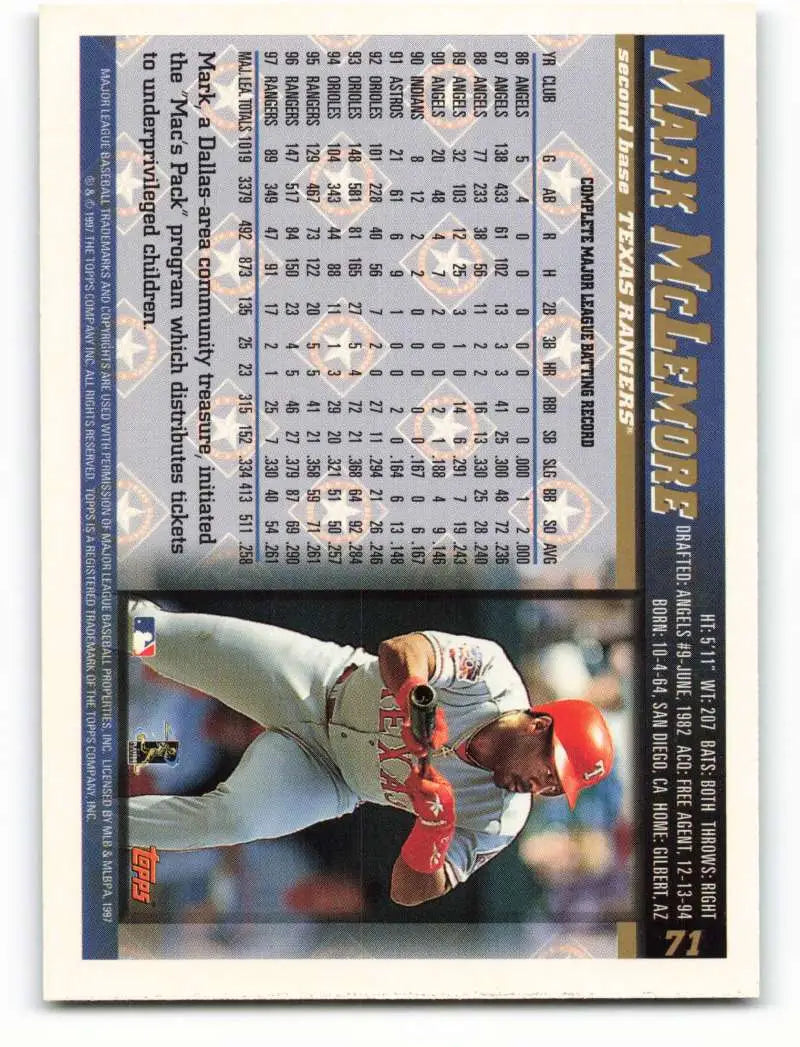 1998 Topps #71 Mark McLemore NM-MT Texas Rangers Baseball Card - Baseball Card Single