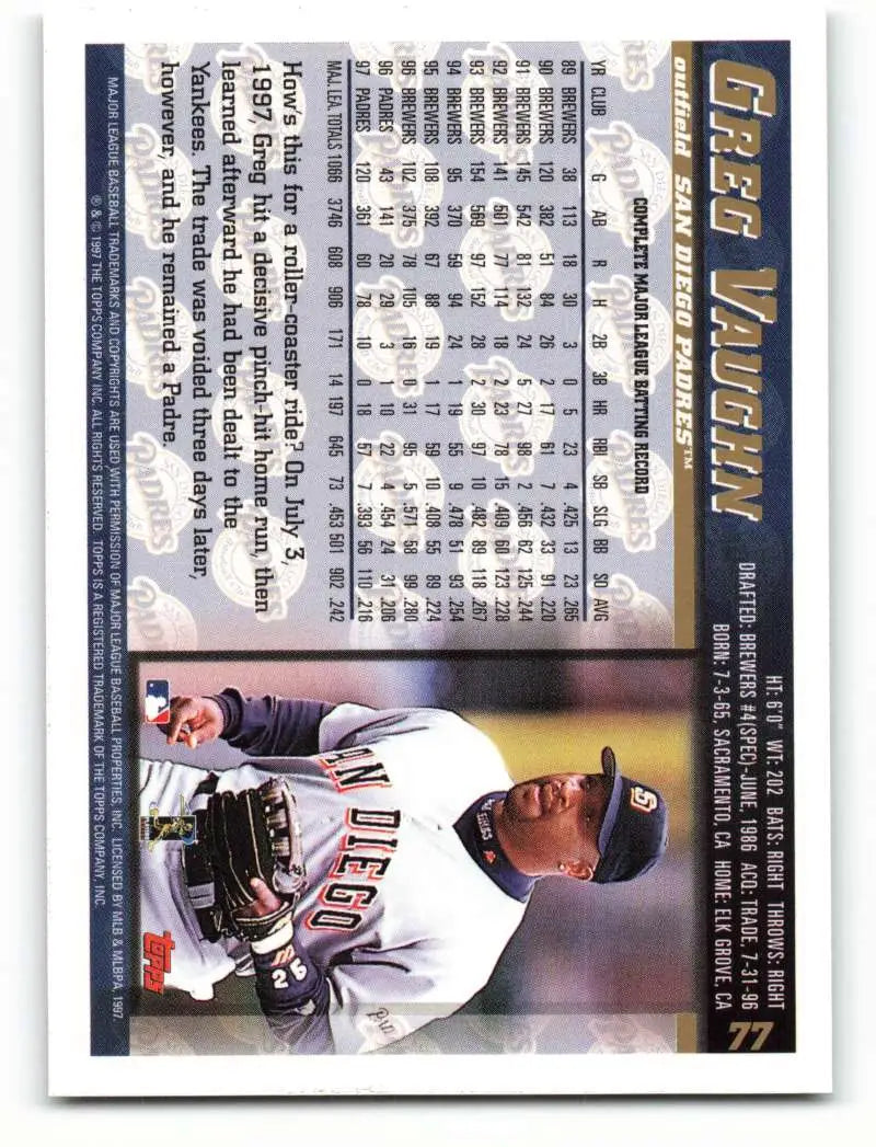 1998 Topps #77 Greg Vaughn NM-MT San Diego Padres Baseball Card - Baseball Card Single