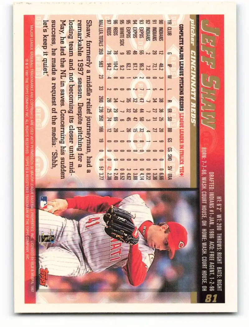 1998 Topps #81 Jeff Shaw NM-MT Cincinnati Reds Baseball Card - Baseball Card Single