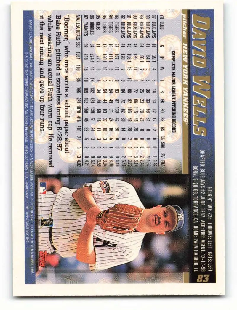 1998 Topps #83 David Wells NM-MT New York Yankees Baseball Card - Baseball Card Single