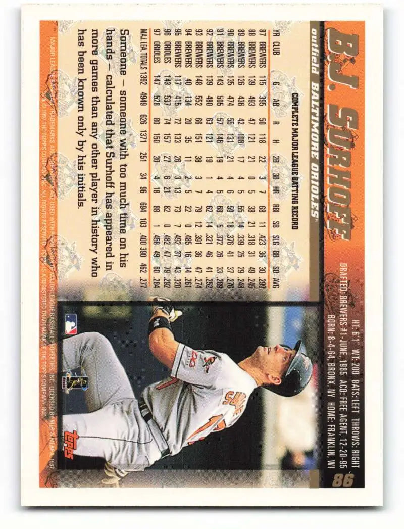 1998 Topps #86 B.J. Surhoff NM-MT Baltimore Orioles Baseball Card - Baseball Card Single