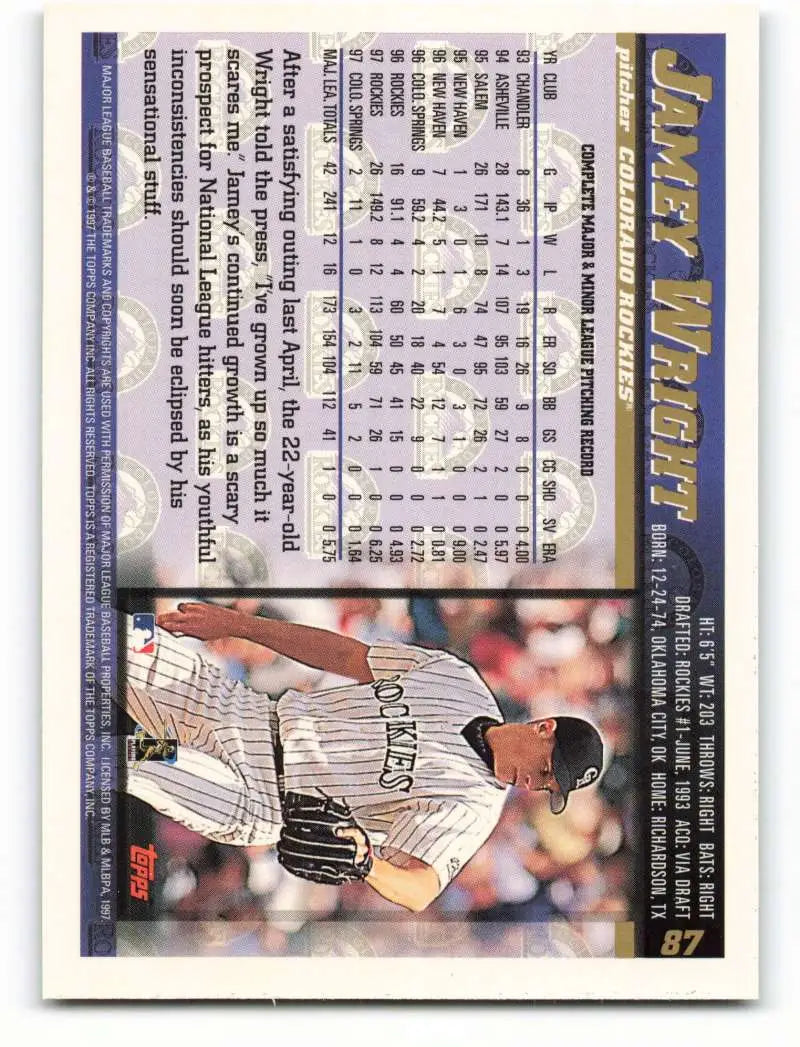 1998 Topps #87 Jamey Wright NM-MT Colorado Rockies Baseball Card - Baseball Card Single