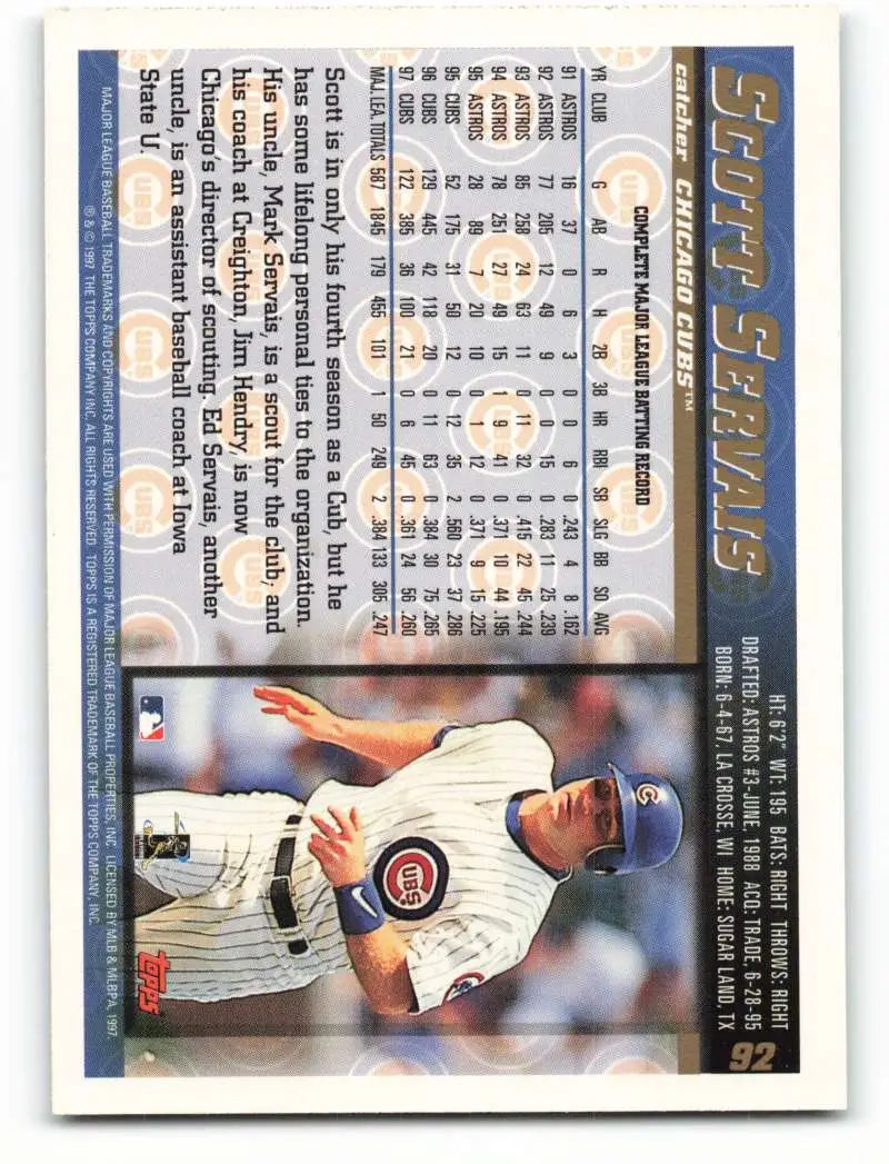 1998 Topps #92 Scott Servais NM-MT Chicago Cubs Baseball Card - Baseball Card Single