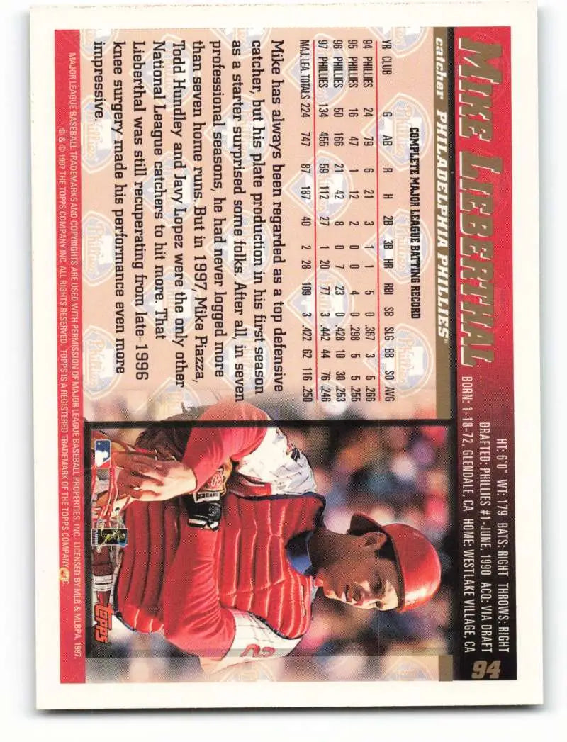 1998 Topps #94 Mike Lieberthal NM-MT Philadelphia Phillies Baseball Card - Baseball Card Single