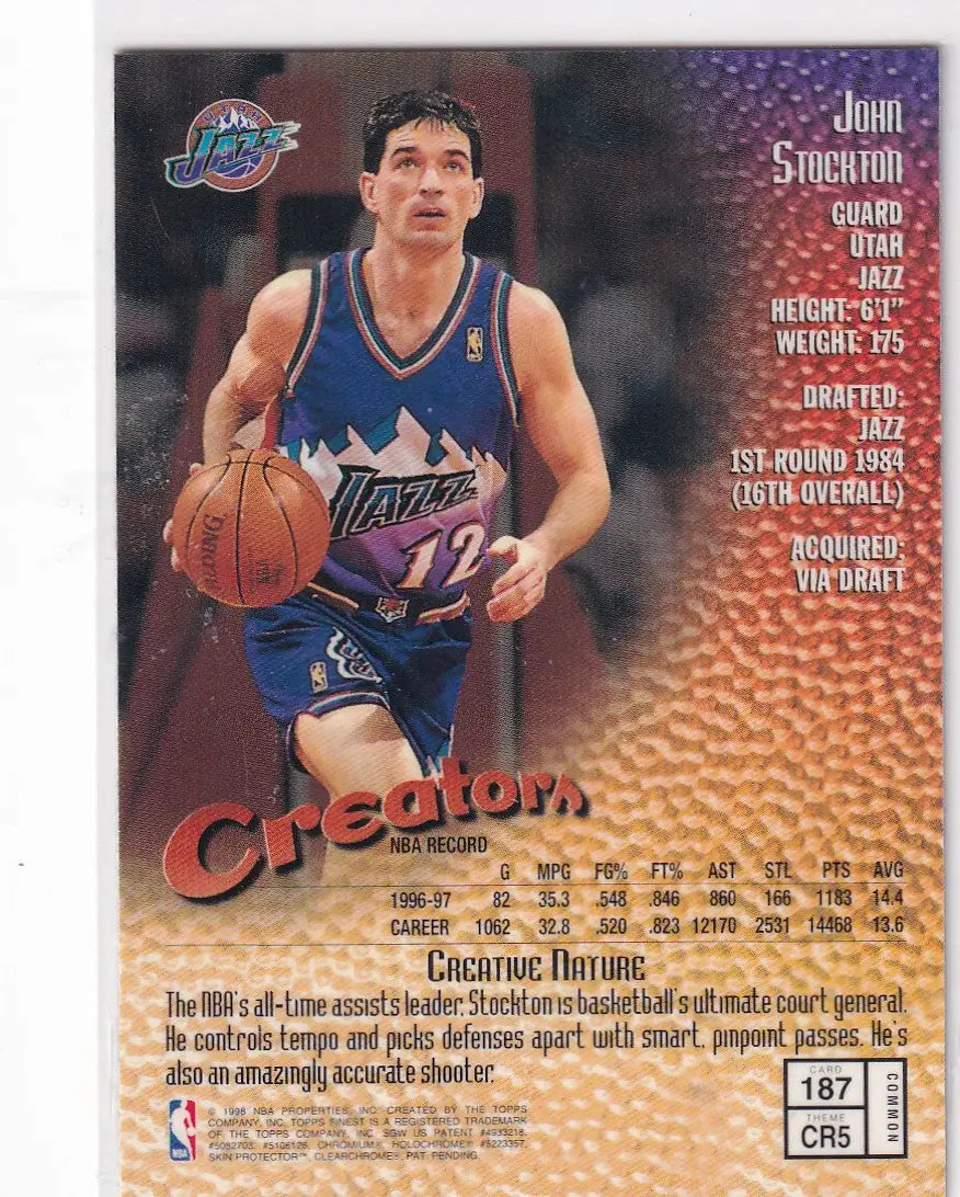 1998 TOPPS FINEST #187 JOHN STOCKTON CREATION- UTAH JAZZ