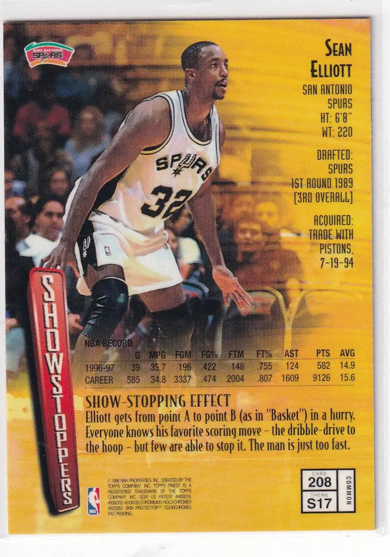 1998 TOPPS FINEST #208 SEAN ELLIOTT SHOWSTOPPERS- SAN ANTONIO SPURS - Basketball Card Single