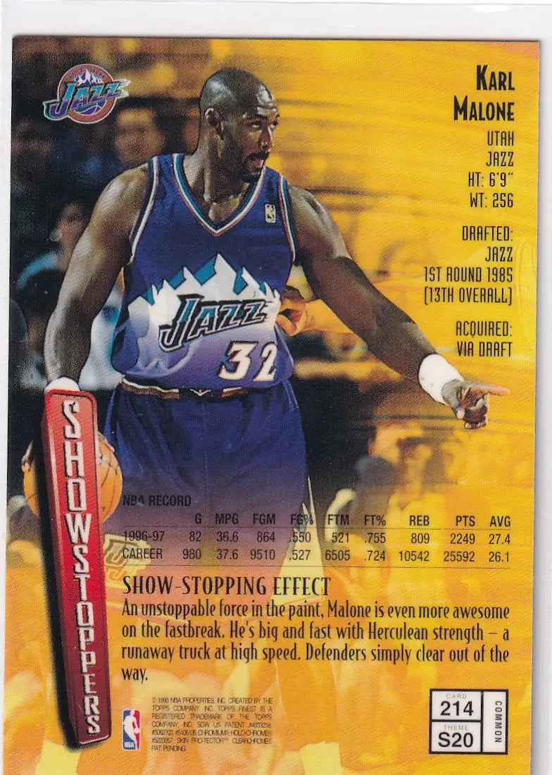 1998 TOPPS FINEST #214 KARL MALONE SHOW STOPPERS- UTAH JAZZ
