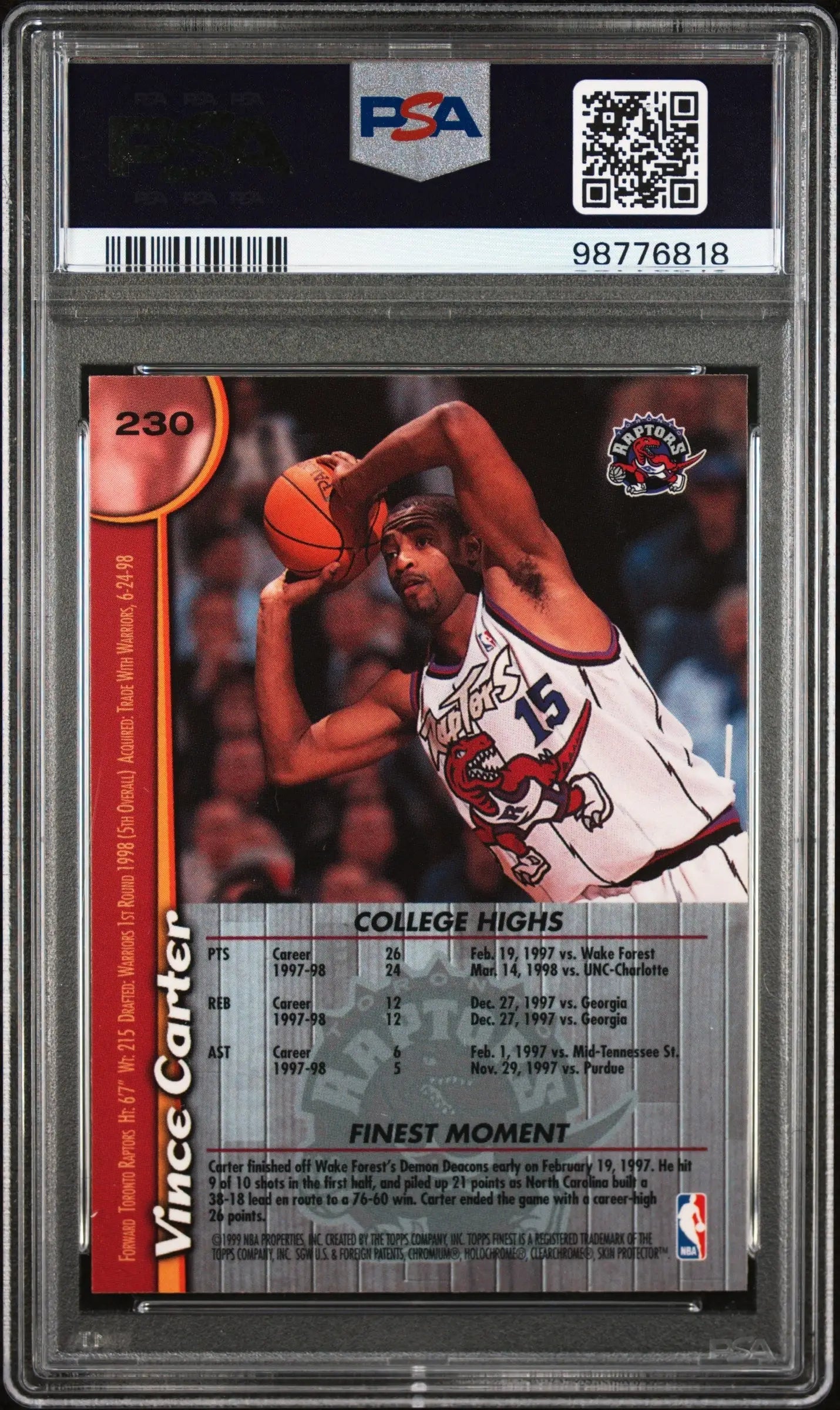 1998 Topps Finest Vince Carter Rookie PSA 9 (With Coating) – Iconic 90s Insert - Basketball Card Single