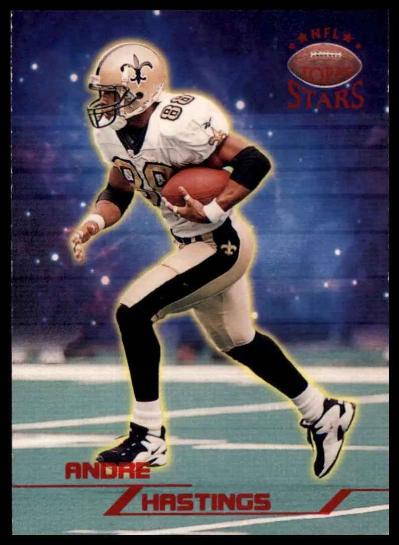 Football card featuring a football player action figure in black and gold uniform with white helmet