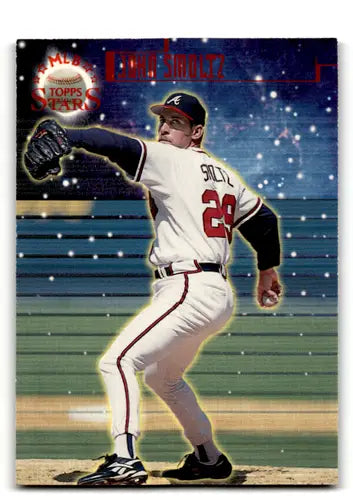 Baseball card of John Smoltz throwing a ball from 1998 Topps Stars Bronze series