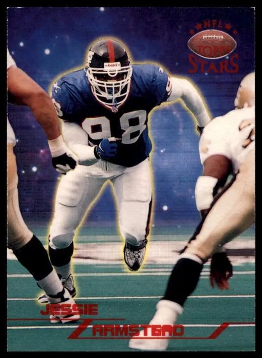 Football card featuring a blue and white jersey with red accents, black helmet, number 98