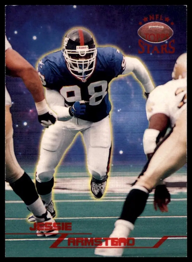 Football card featuring a blue and white jersey with red accents, black helmet, number 98
