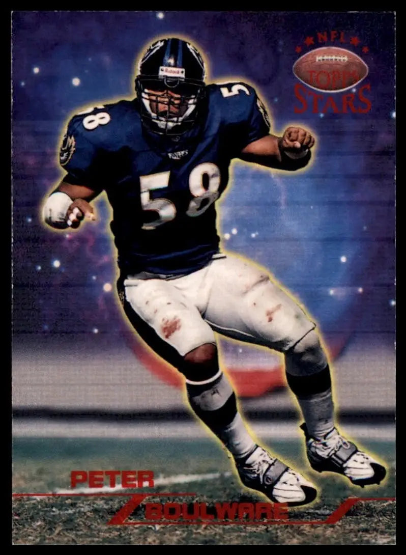 Football card featuring a collectible action figure in blue and white with red accents