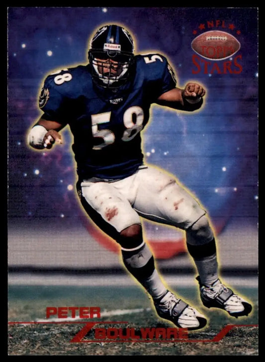 Football card featuring a collectible action figure in blue and white with red accents