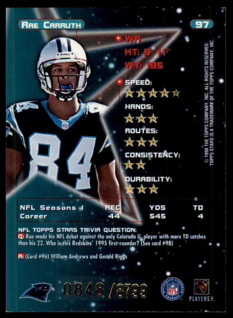 1998 Topps Stars Rae Carruth #97 /8799 Carolina Panthers Football Card - Football Card Single