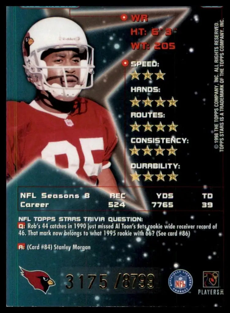 Arizona Cardinals football card featuring Rob Moore in red and white uniform from 1998 Topps Stars