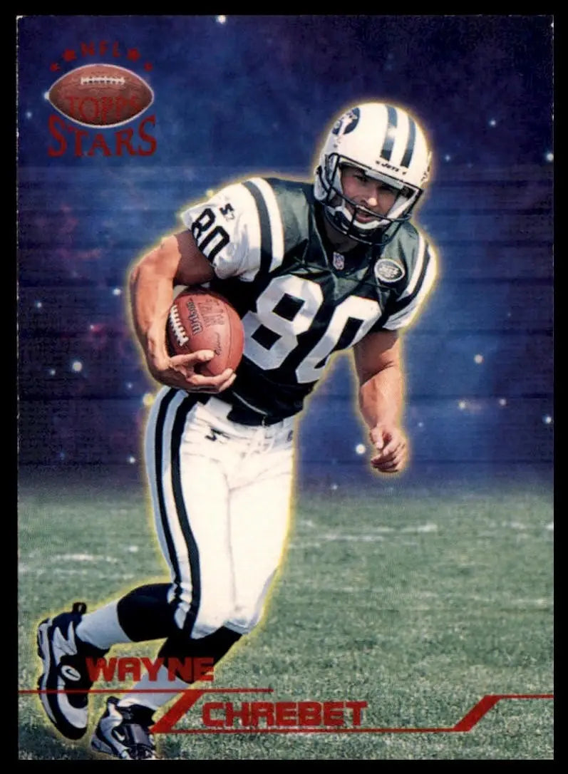 Green and white football jersey with number 80, holding a football, NFL sports card