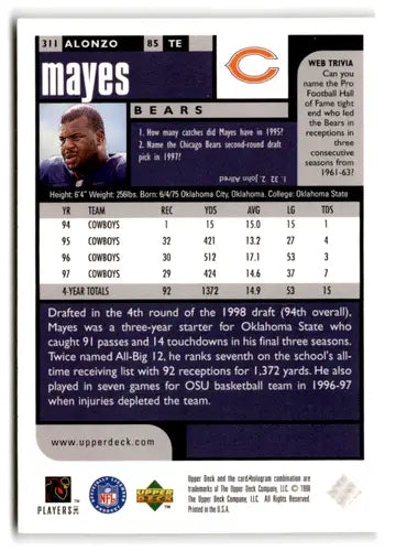 1998 UD Choice #311 Alonzo Mayes NM Near Mint RC Rookie Bears ID:82053 - Football Card Single