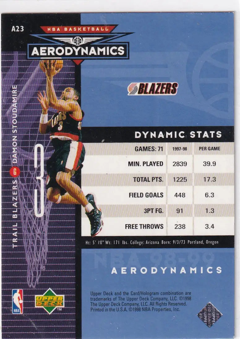1998 UPPER DECK #A23 DAMON STOUDAMIRE AERODYNAMICS- PORTLAND TRAIL PLACES - Basketball Card Single
