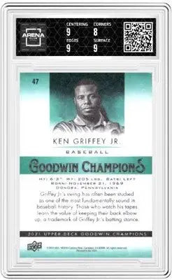 A graded 2021 Upper Deck Goodwin Champions Ken Griffey Jr baseball card in a product listing