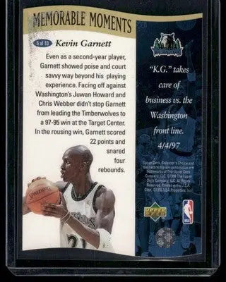 1998 Upper Deck Memorable Moments Kevin Garnett #5 of 10 Basketball - Basketball Card Single