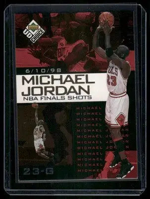 1998 Upper Deck UD Choice NBA Finals Shots Michael Jordan trading card featuring iconic NBA Finals shots
