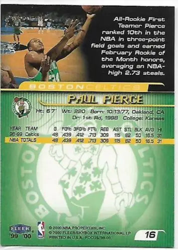 Paul Pierce 1999-00 Fleer Focus basketball card in original gloss, typically sells well