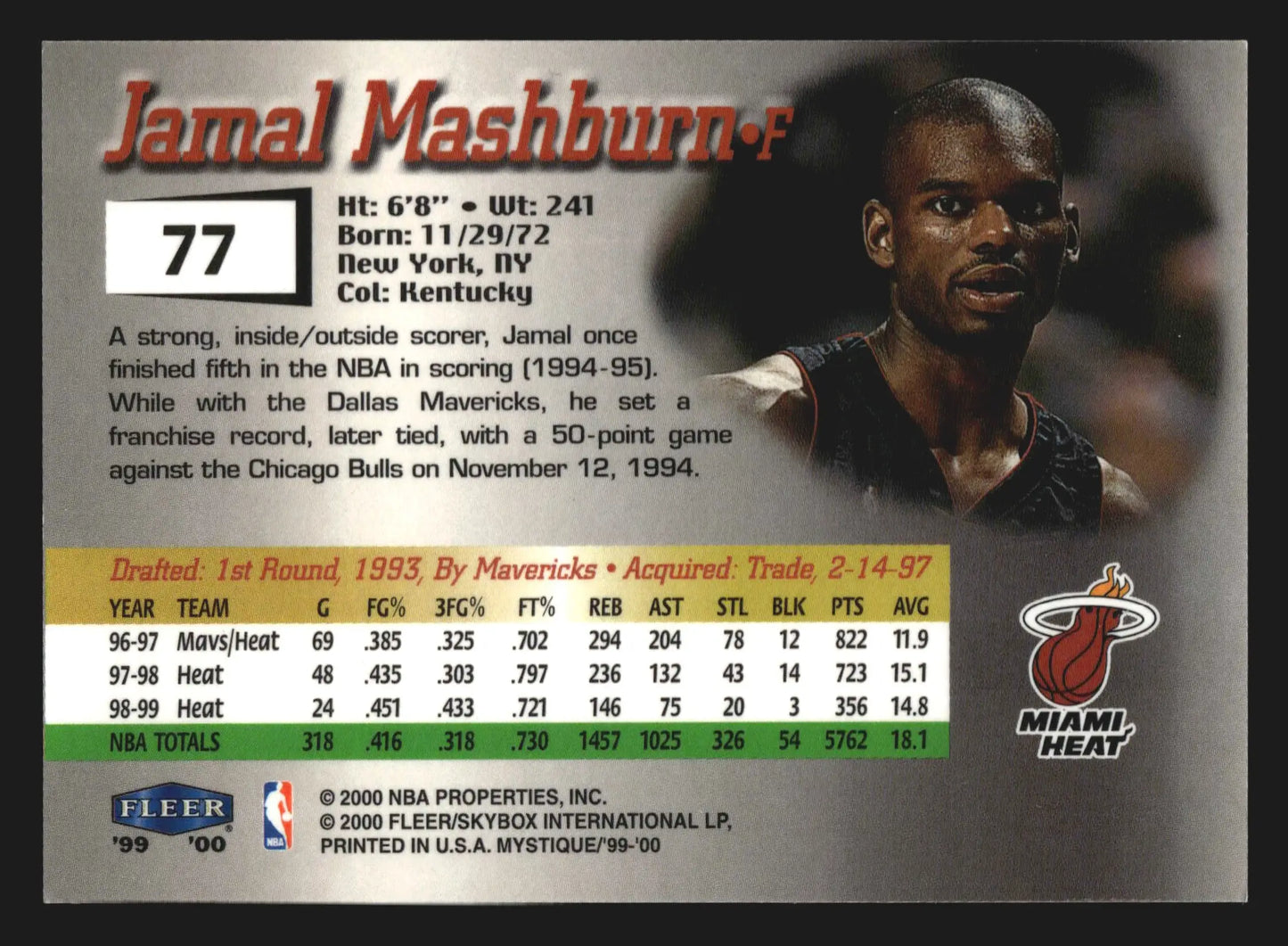 1999-00 Fleer Mystique #77 Jamal Mashburn Miami Heat