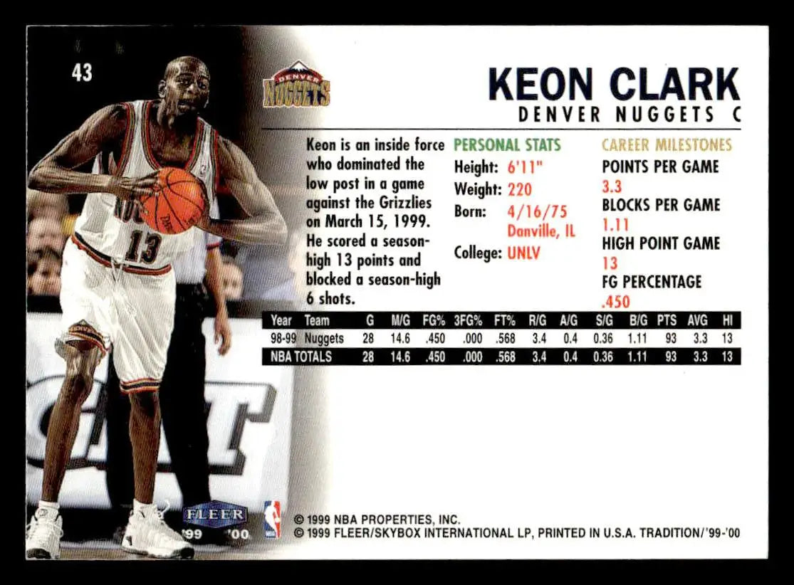1999-00 Fleer Tradition #43 Keon Clark - Basketball Card Single