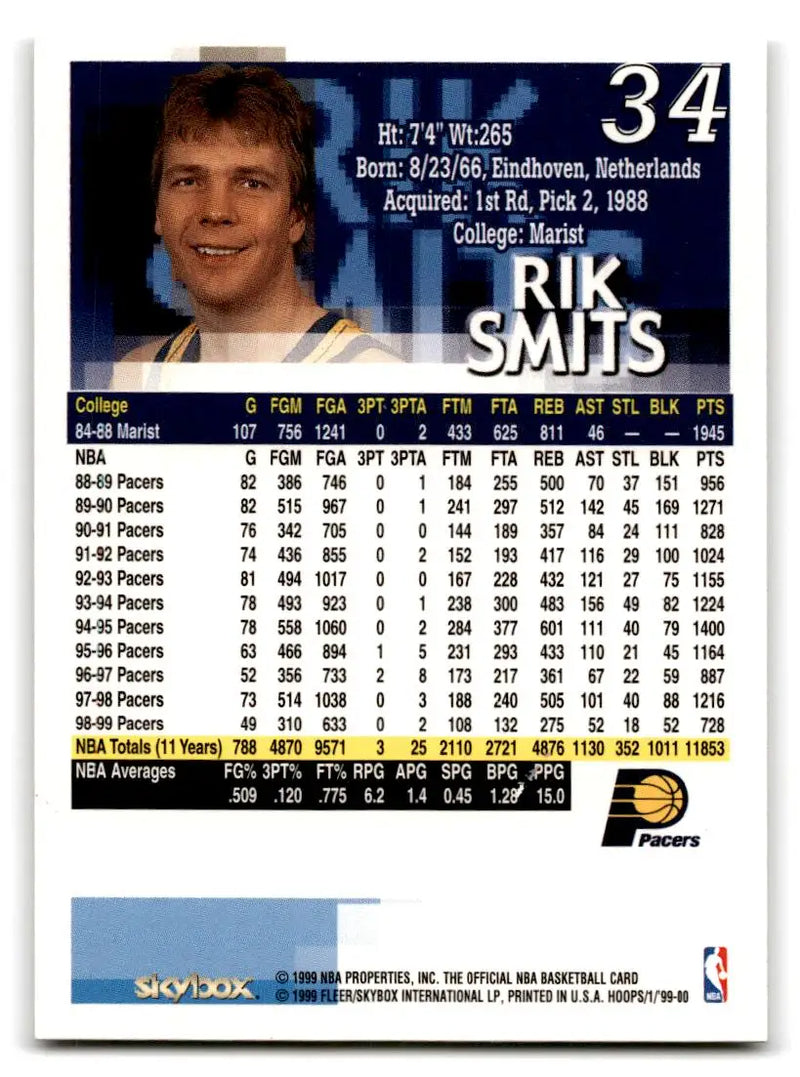 1999-00 Hoops #34 Rik Smits - Basketball Card Single