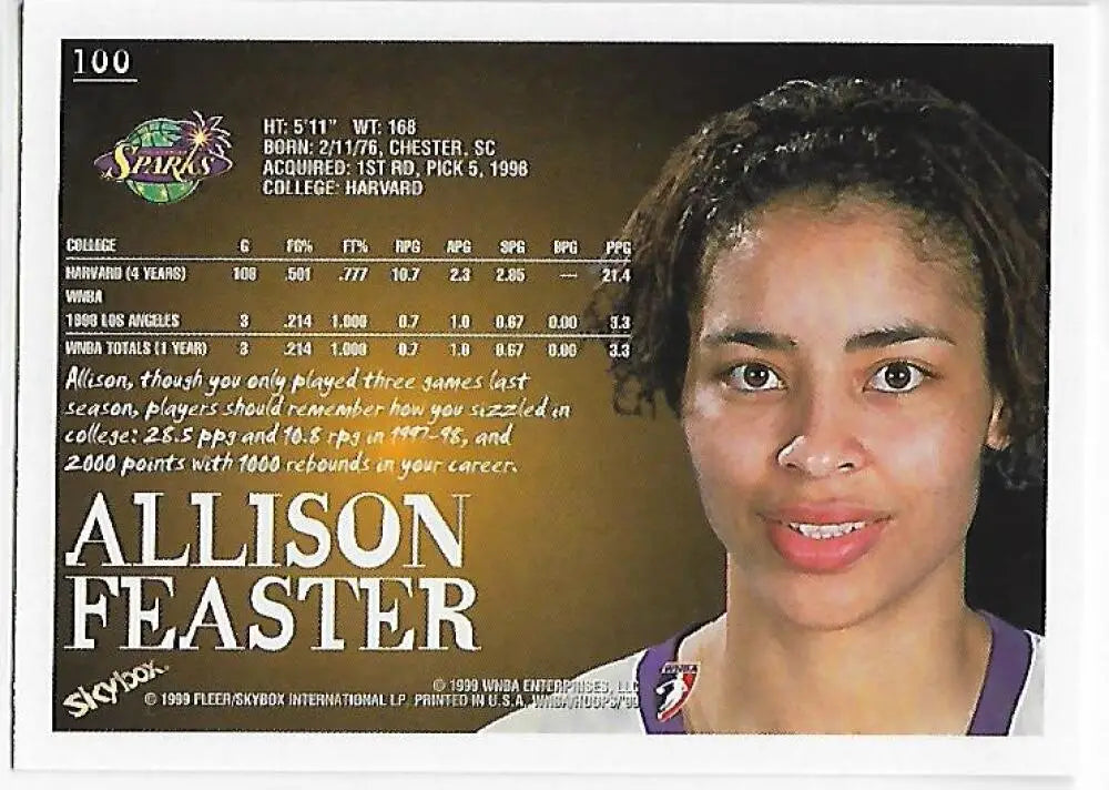 1999-00 Hoops WNBA #100 Allison Feaster NM-MT Los Angeles Sparks Basketball Card - Basketball Card Single