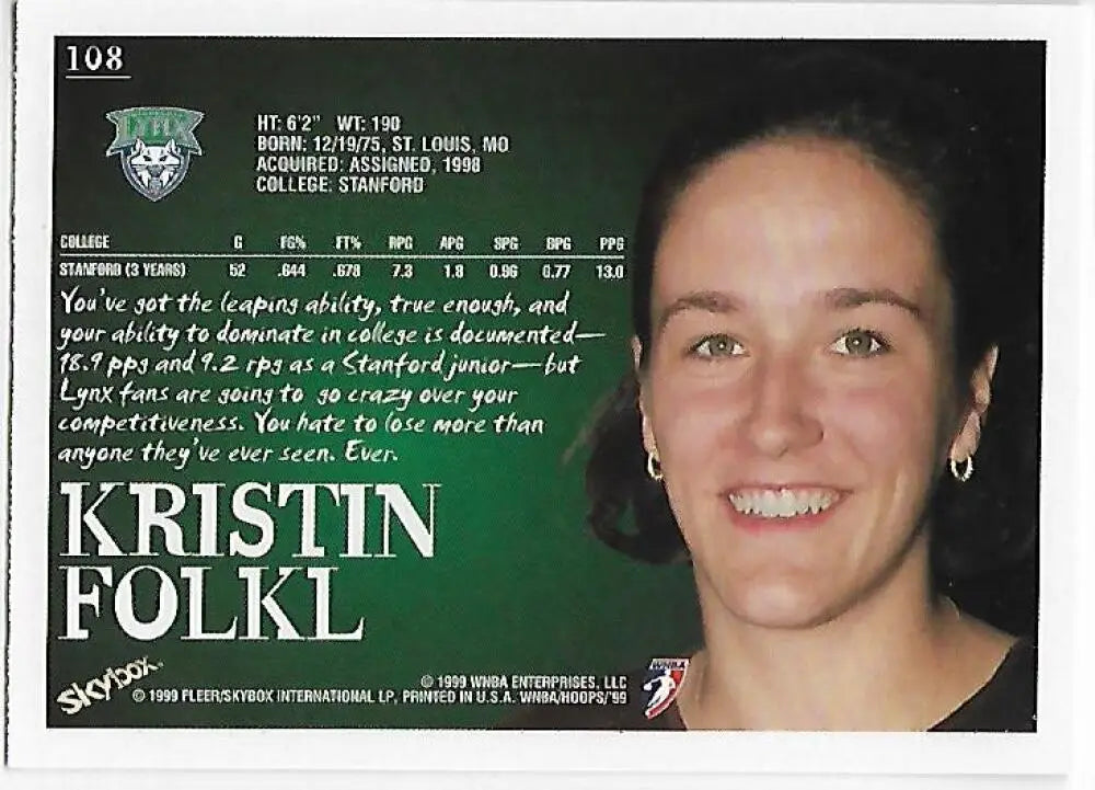 1999-00 Hoops WNBA #108 Kristin Folkl NM-MT RC Rookie Minnesota Lynx Basketball Card - Basketball Card Single