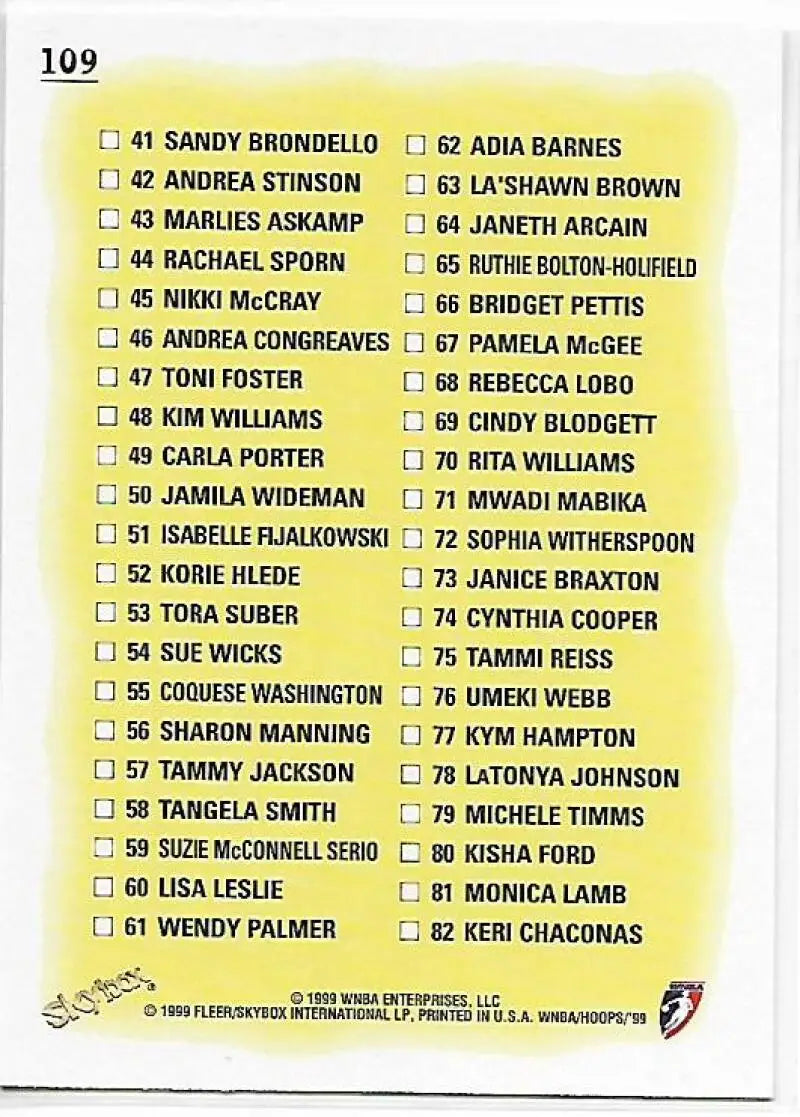 1999-00 Hoops WNBA #109 Checklist NM-MT Basketball Card - Basketball Card Single