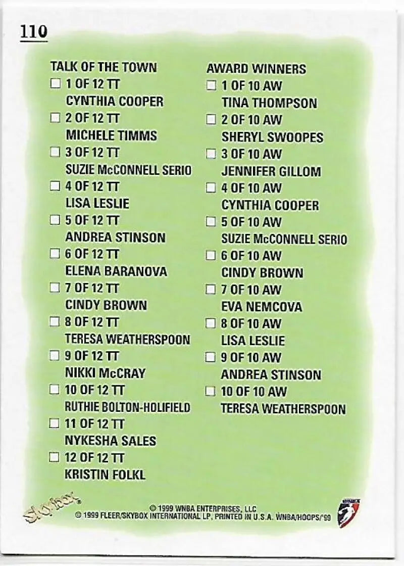 1999-00 Hoops WNBA #110 Checklist NM-MT Basketball Card - Basketball Card Single