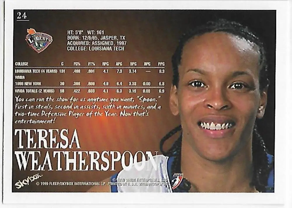 1999-00 Hoops WNBA #24 Teresa Weatherspoon NM-MT New York Liberty Basketball Card - Basketball Card Single