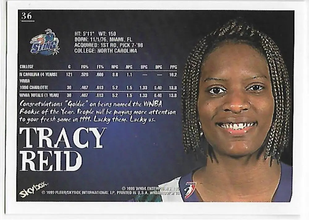 1999-00 Hoops WNBA #36 Tracy Reid NM-MT RC Rookie Charlotte Sting Basketball Card - Basketball Card Single