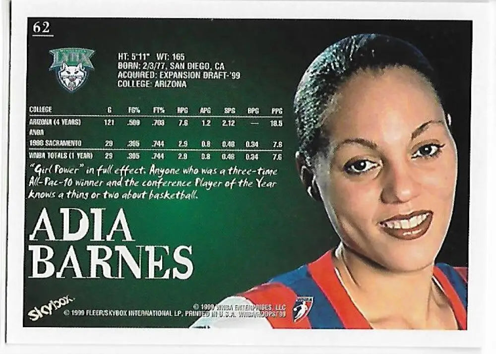 1999-00 Hoops WNBA #62 Adia Barnes NM-MT RC Rookie Minnesota Lynx Basketball Card - Basketball Card Single