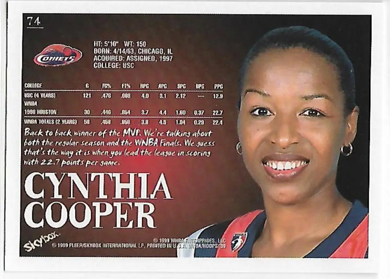 1999-00 Hoops WNBA #74 Cynthia Cooper NM-MT Houston Comets Basketball Card - Basketball Card Single