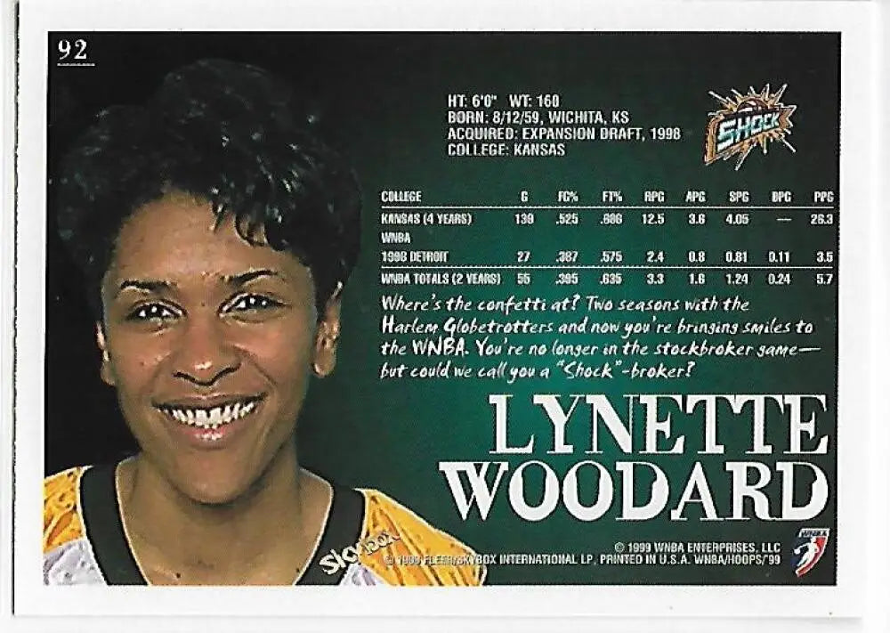 1999-00 Hoops WNBA #92 Lynette Woodard NM-MT Detroit Shock Basketball Card - Basketball Card Single