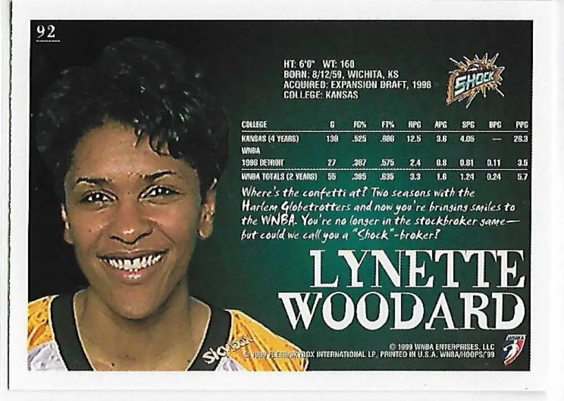 1999-00 Hoops WNBA #92 Lynette Woodard NM-MT Detroit Shock Basketball Card - Basketball Card Single