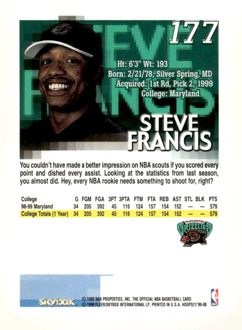 1999-00 Skybox Hoops #177 Steve Francis RC Vancouver Grizzlies - Basketball Card Single