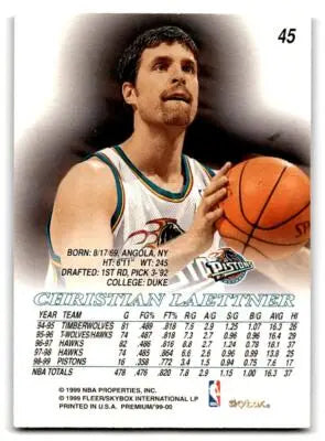 Back of 1999 SkyBox Premium Christian Laettner basketball card with career stats