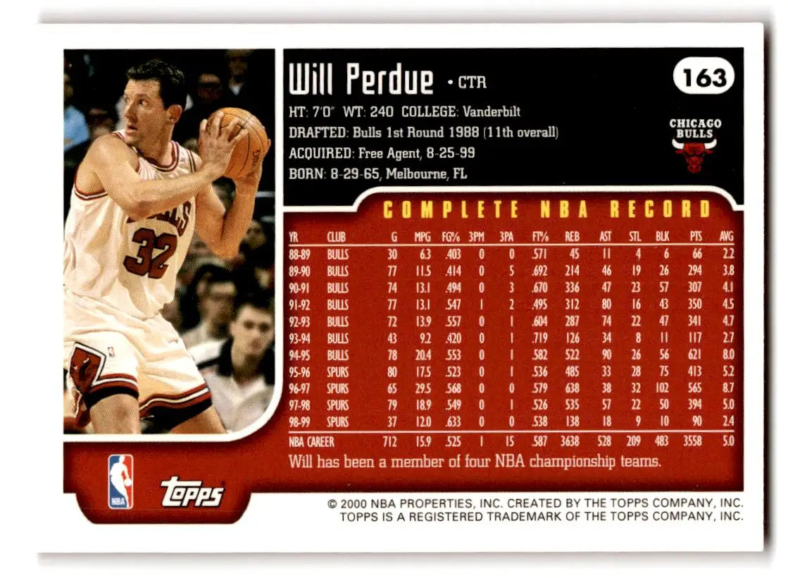 1999-00 Topps #163 Will Perdue - Basketball Card Single