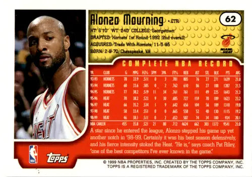 1999-00 Topps #62 Alonzo Mourning NM Near Mint Heat ID:46125 - Basketball Card Single