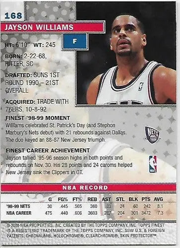 Jayson Williams basketball card with original gloss from 1999-00 Topps Finest series