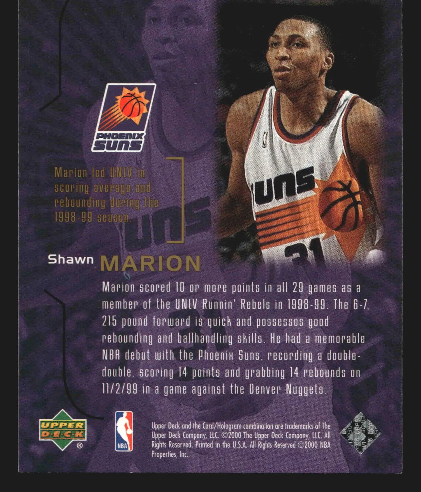 1999-00 UD Gold Reserve Gold Strike Shawn Marion #GS12 Suns RC - Basketball Card Single